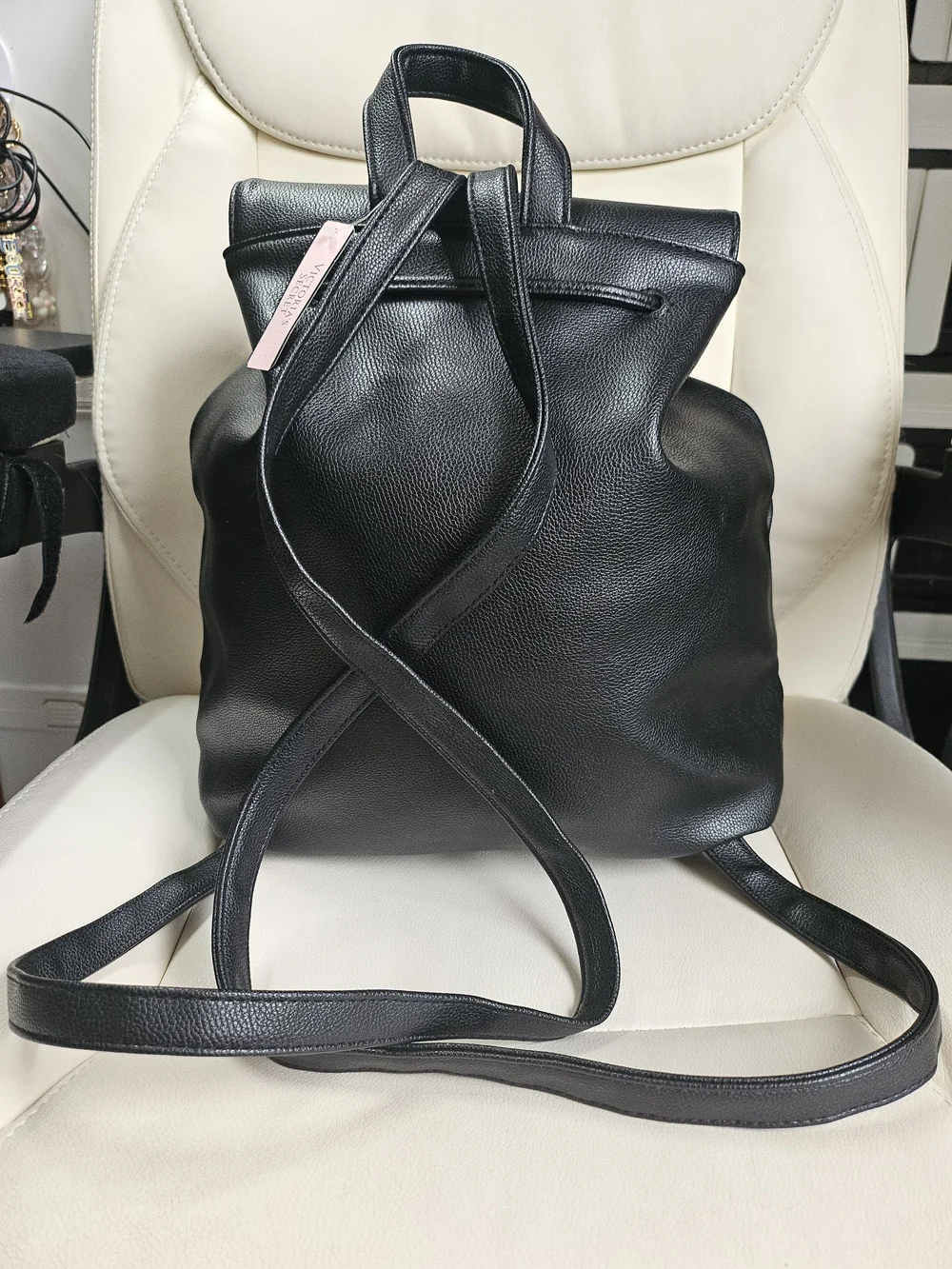 BNWT Victoria's Secret Black Leatherette Drawstring Backpack